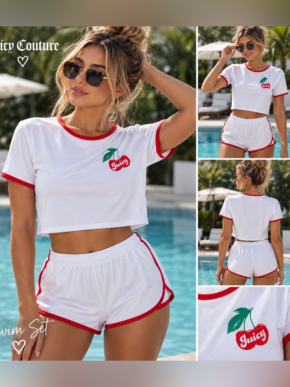 Juicy Couture white cherry print ringer set featuring crop top & shorts NWT S